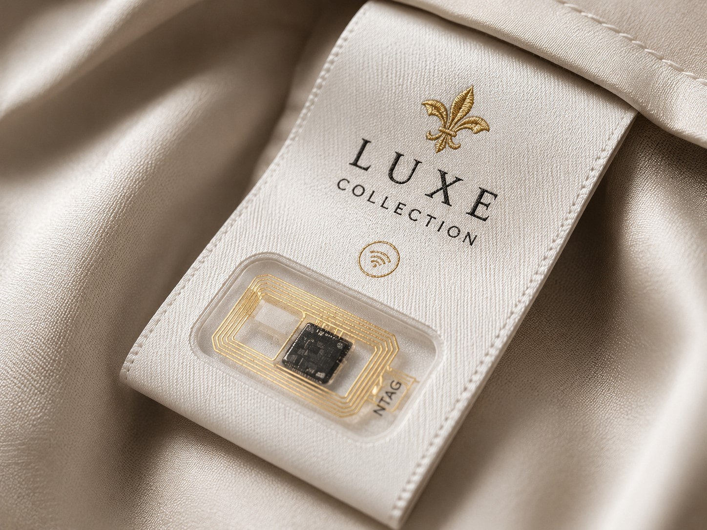 CLose-up of a premium clothing smart label with an embedded NTAG chip visible through fabric, luxury garment technology