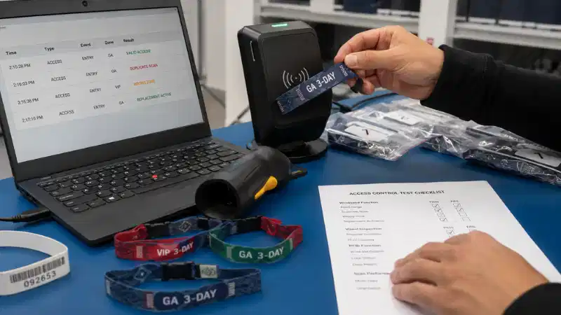 Event staff testing RFID wristband readability, duplicate scans and access permissions before production approval Event staff testing RFID wristband readability, duplicate scans and access permissions before production approval